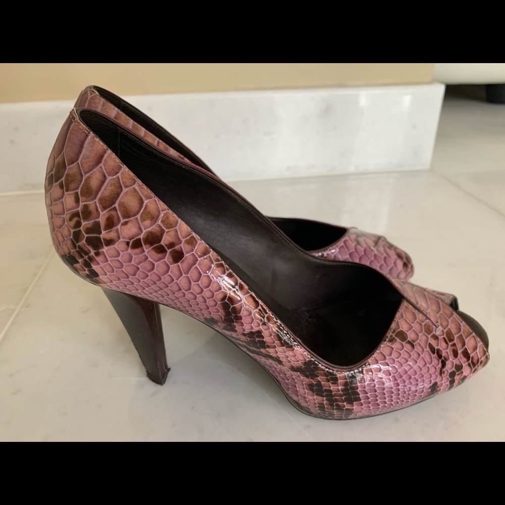 Donald Pliner Plum snake print open toe pumps